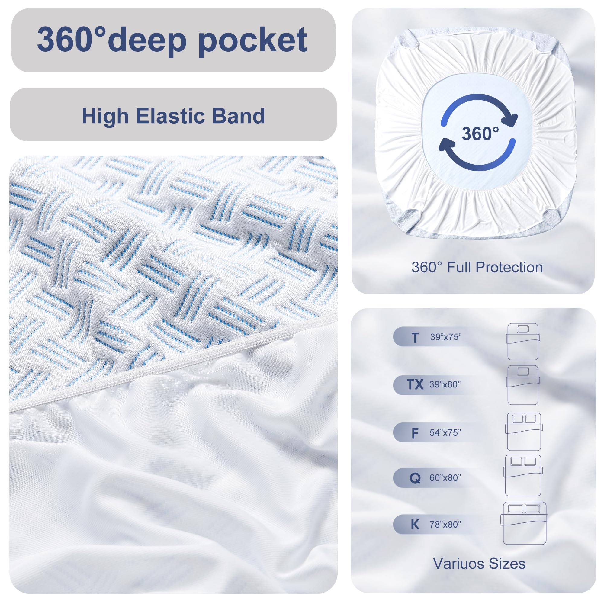 ACCURATEX Bamboo Mattress Protector Queen Size-100% Waterproof Breathable&Cooling 3D Air Fabric Mattress Cover -Washable Soft Smooth Noiseless Mattress Pad Cover,16'' Fitted Deep Pocket(60''×80'')