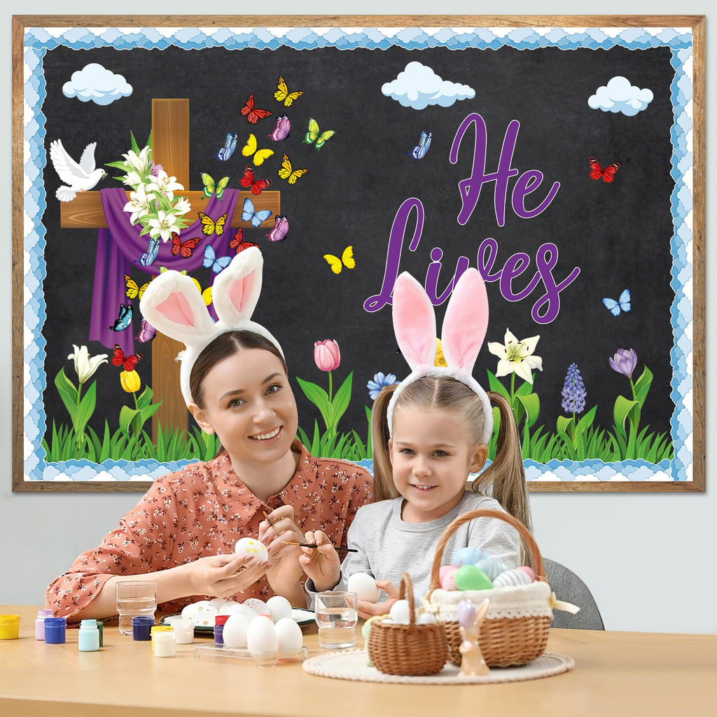 Easter Bulletin Board Decorations Christian Religious Bulletin Board Set He Lives Cross Cutouts for Spring School Sunday Home Church Wall Door(Christian)
