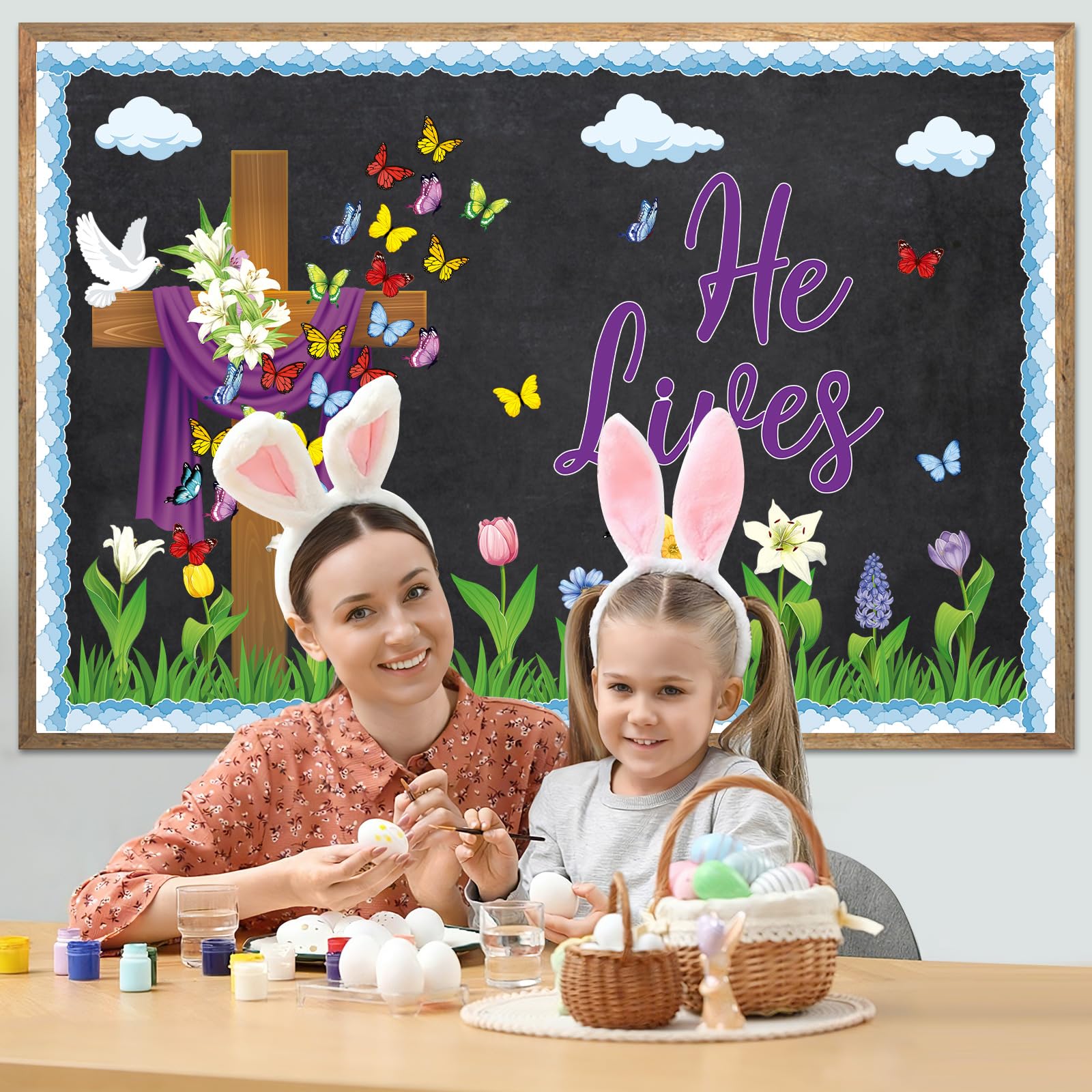 Easter Bulletin Board Decorations Christian Religious Bulletin Board Set He Lives Cross Cutouts for Spring School Sunday Home Church Wall Door(Christian)