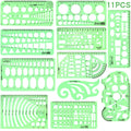 11PCS Geometric Drawings Templates, Drafting Stencils Measuring Tools, Transparent Green Plastic Ruler, for Architecture, Office, Studying, Designing