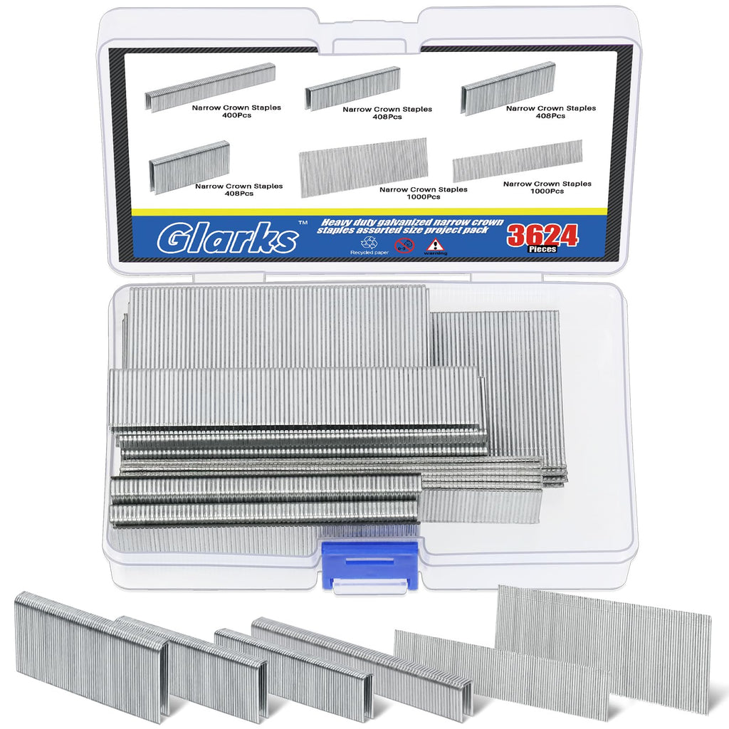 Glarks 3624Pcs 18 Gauge Narrow Crown Staples, 4 Sizes Galvanized Crown Narrow Staples Assortment Kit and 1", 2" Brad Nails for Electric Stapler, Pneumatic, DIY Home Improvement (Silver)