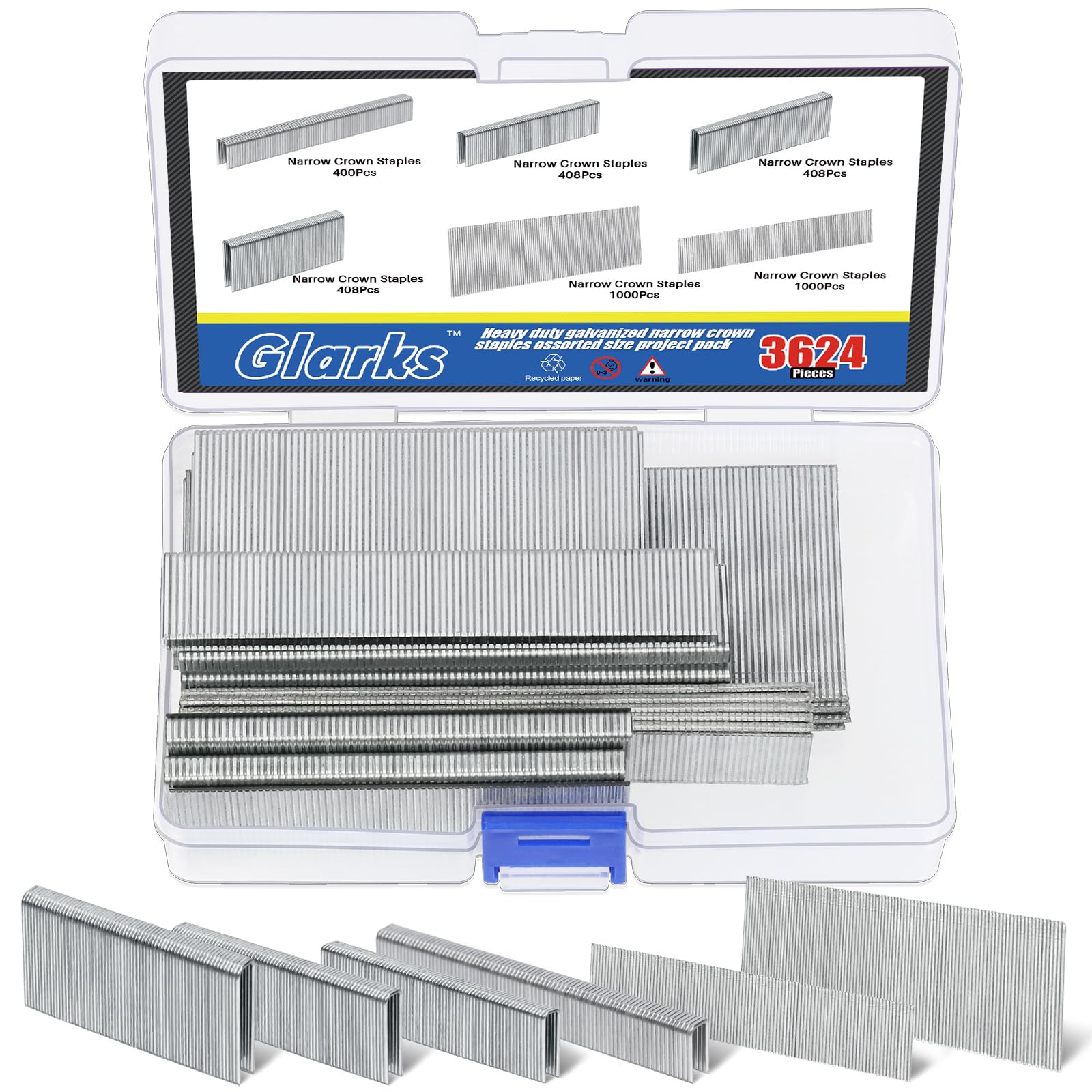 Glarks 3624Pcs 18 Gauge Narrow Crown Staples, 4 Sizes Galvanized Crown Narrow Staples Assortment Kit and 1", 2" Brad Nails for Electric Stapler, Pneumatic, DIY Home Improvement (Silver)