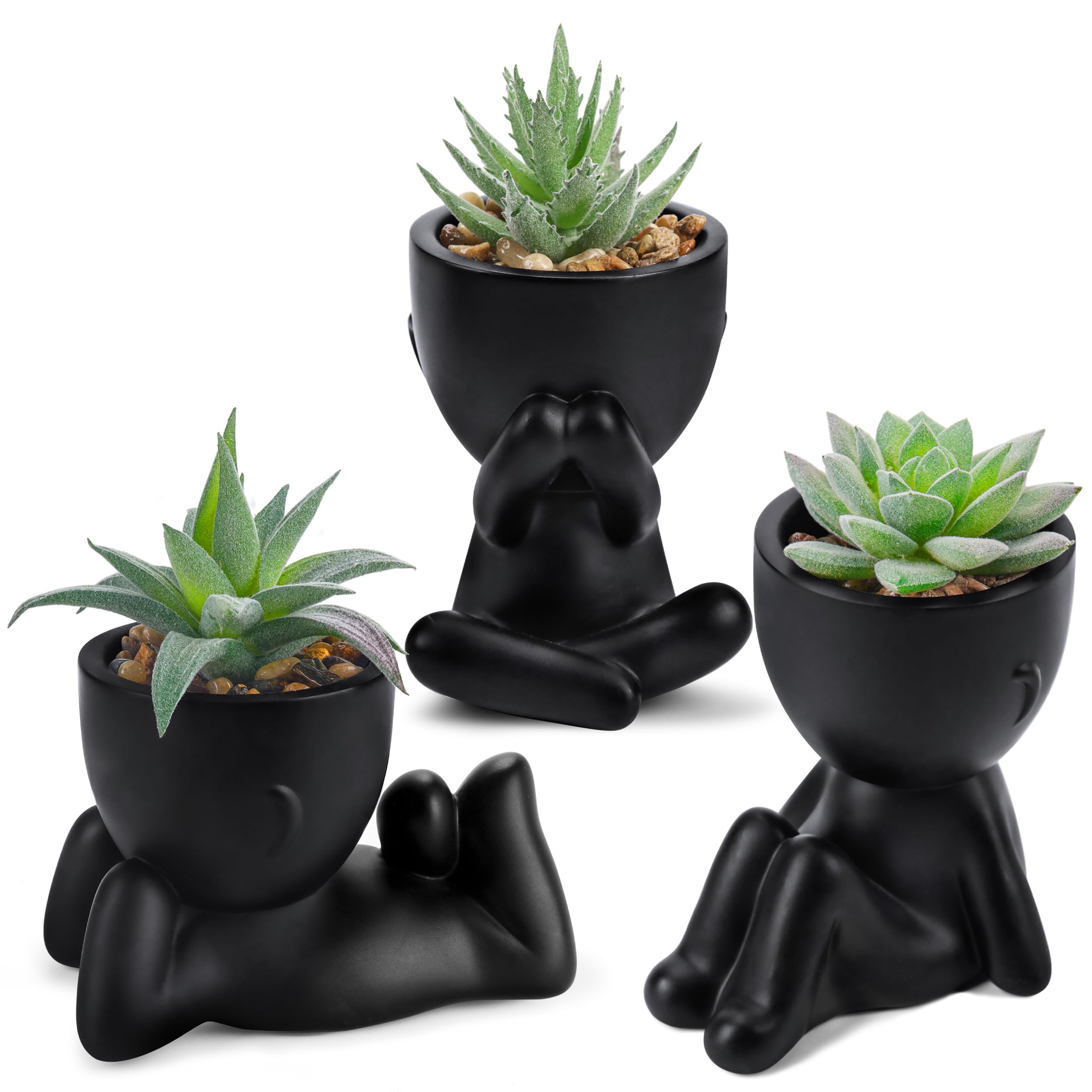 Der Rose 3Pcs Fake Plants Small Artificial Succulent, Cute Faux Plants for Home Bathroom Bedroom Living Room Office Desk Shelf Black Decor Indoor Aesthetic