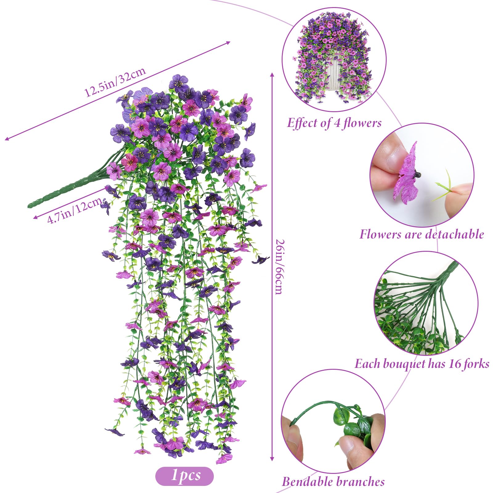 Betylifoy 4PCS Artificial Hanging Flowers Fake Hanging Plants for Outdoors UV Resistant Faux Silk Orchid Flowers Greenery Long Trailing Vines for Indoor Outside Garden Porch Decor (Light&Dark Purple)