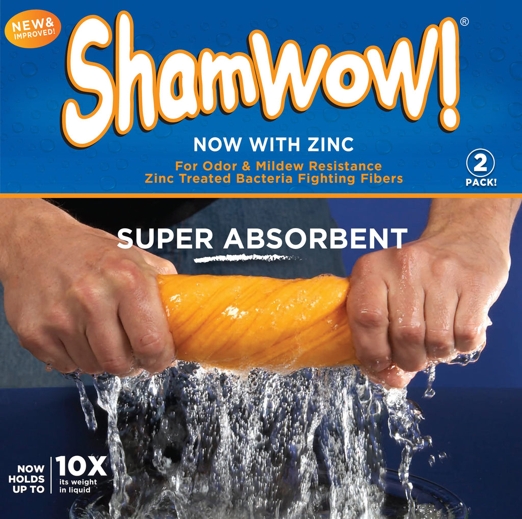 ShamWow- New & Improved Super Absorbent Multipurpose Cleaning Cloth Chamois Towel- Zinc Treated Odor Fibers (2 Pack)
