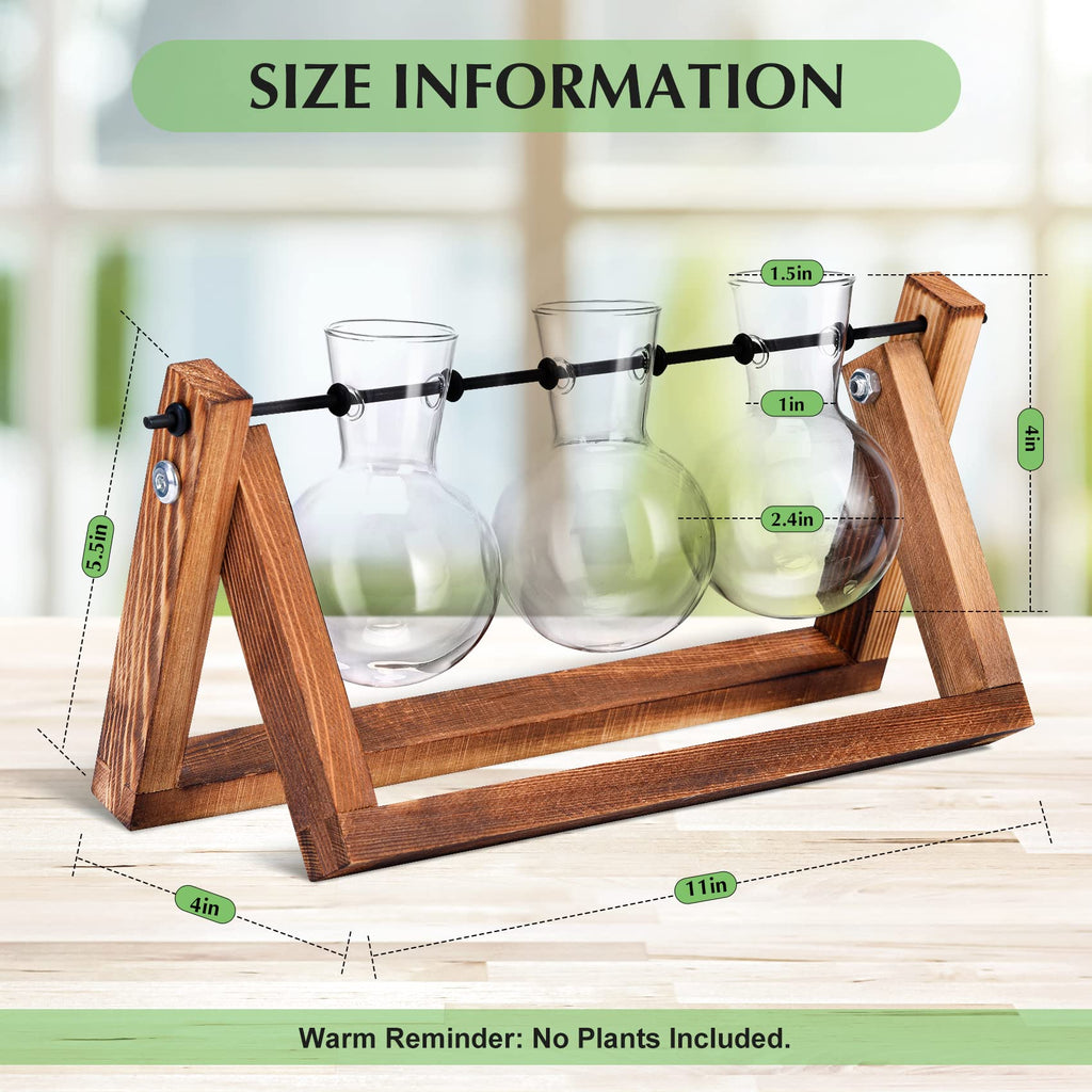XXXFLOWER Plant Terrarium Wooden Stand Propagation Station Glass Bulb Vase, Desk Plants Holder Retro Style for Tabletop Hydroponics Home Wedding Garden Decor, 3 Bulb Vase