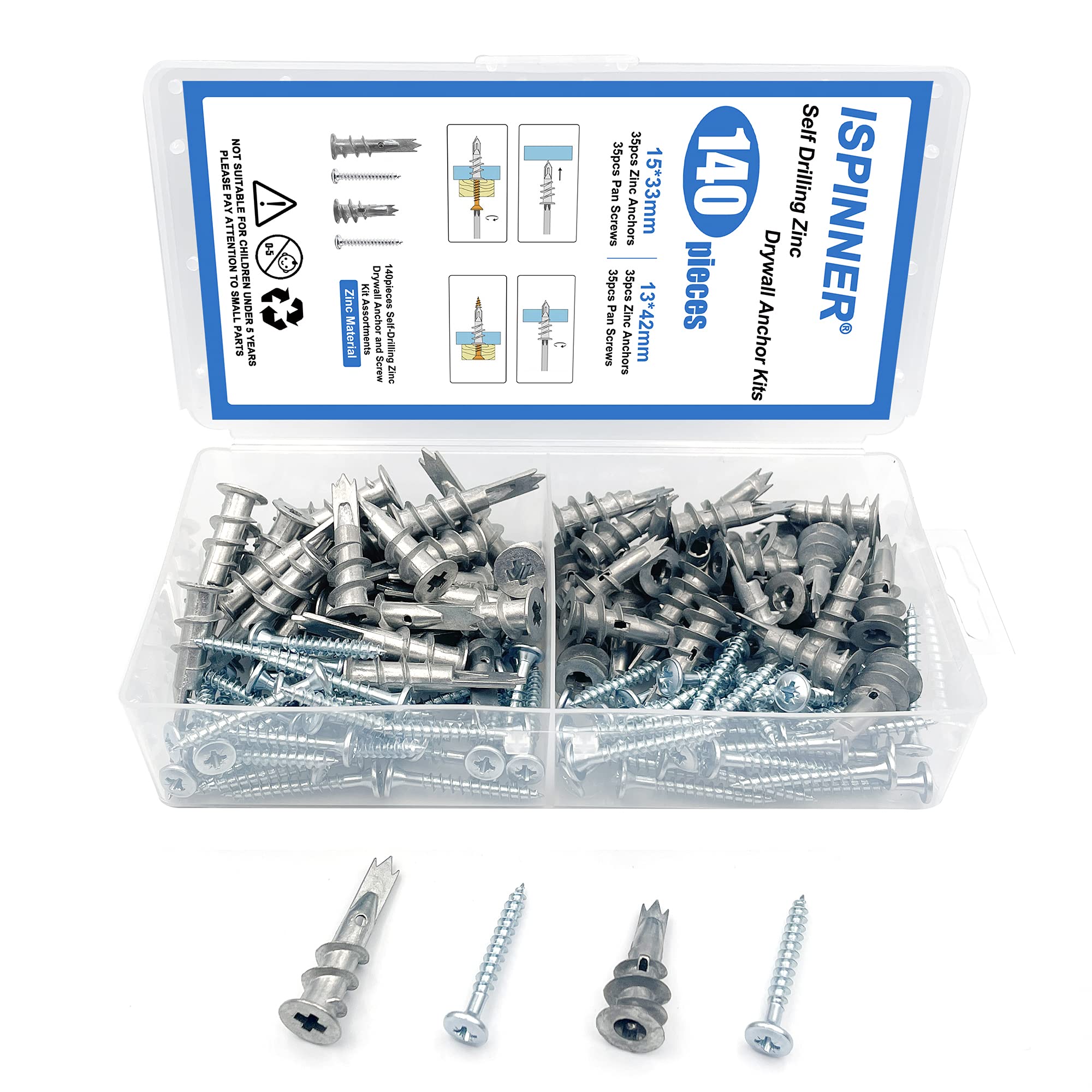 ISPINNER 140pcs Zinc Drywall Anchors Self Drilling Hollow Wall Anchors with Screws Assortment Kit (13x42mm + 15x33mm)