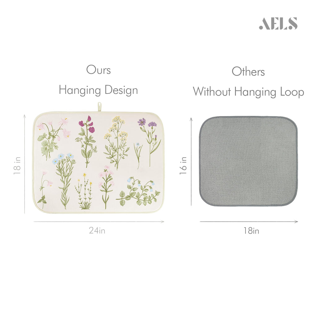 AELS XL 24" x 18" Dish Drying Mat Set of 2 for Kitchen Counter, Sage Green Reversible Absorbent Microfiber Dish Drainer/Rack Pads with Hanging Loop, Wildflower Botanical Floral Flower