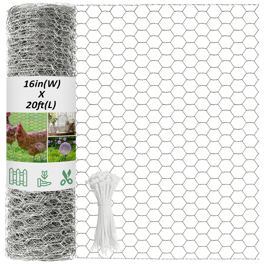 16inX20ft Chicken Wire Fencing Mesh, Heavy Duty Metal Chicken Wire Fence with 50 Ties for Crafts Poultry Gardening Hexagonal Galvanized Hardware Cloth Netting for Chicken Coop Barrier Rabbit Cage