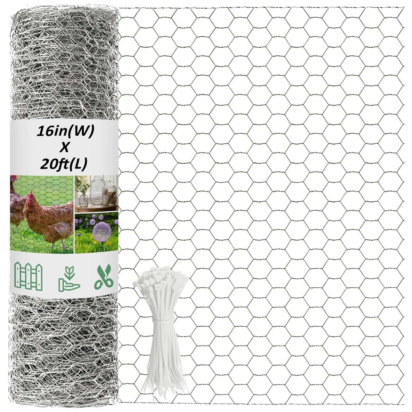 16inX20ft Chicken Wire Fencing Mesh, Heavy Duty Metal Chicken Wire Fence with 50 Ties for Crafts Poultry Gardening Hexagonal Galvanized Hardware Cloth Netting for Chicken Coop Barrier Rabbit Cage