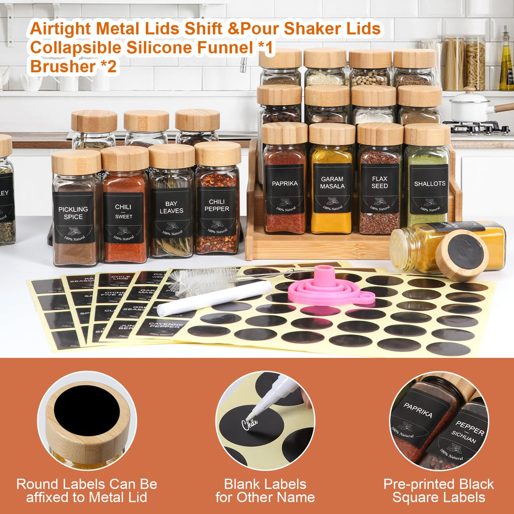 4oz Spice Jars with Bamboo Lids, 16pcs Glass Spice Jars with Labels, Shaker Lids, Funnel, Chalk Pen and Brush
