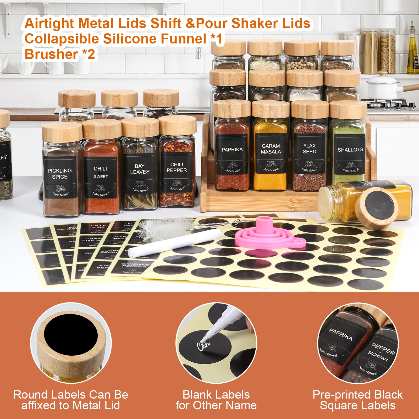 4oz Spice Jars with Bamboo Lids, 16pcs Glass Spice Jars with Labels, Shaker Lids, Funnel, Chalk Pen and Brush