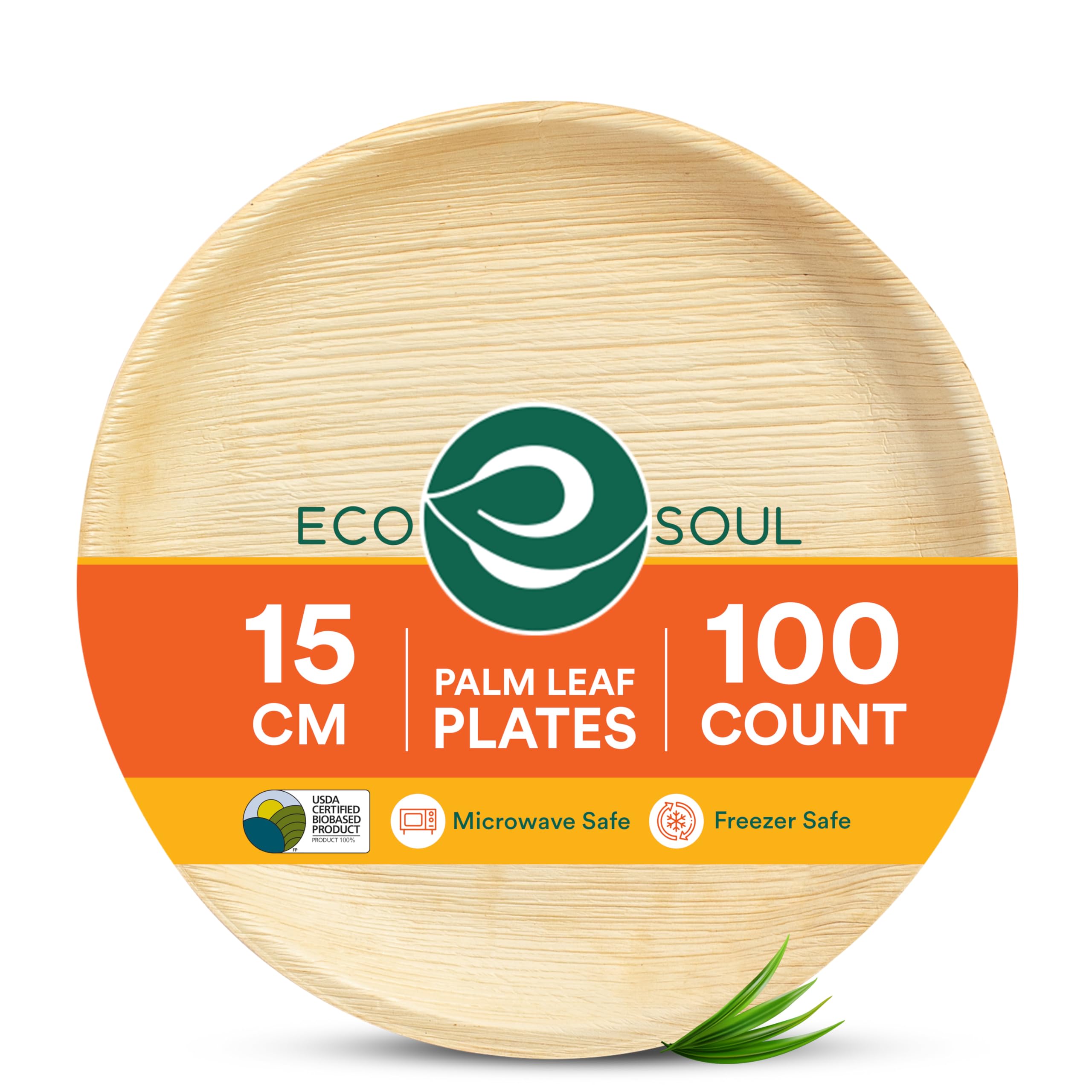 ECO SOUL 6 Inch Disposable Palm Leaf Plates [100 Pack] Premium Food-Safe Heavy Duty Compostable Bamboo Paper Plates for Dessert, Dinner, Apetizers, Weddings, Party, Camping & Catering Events [Round]