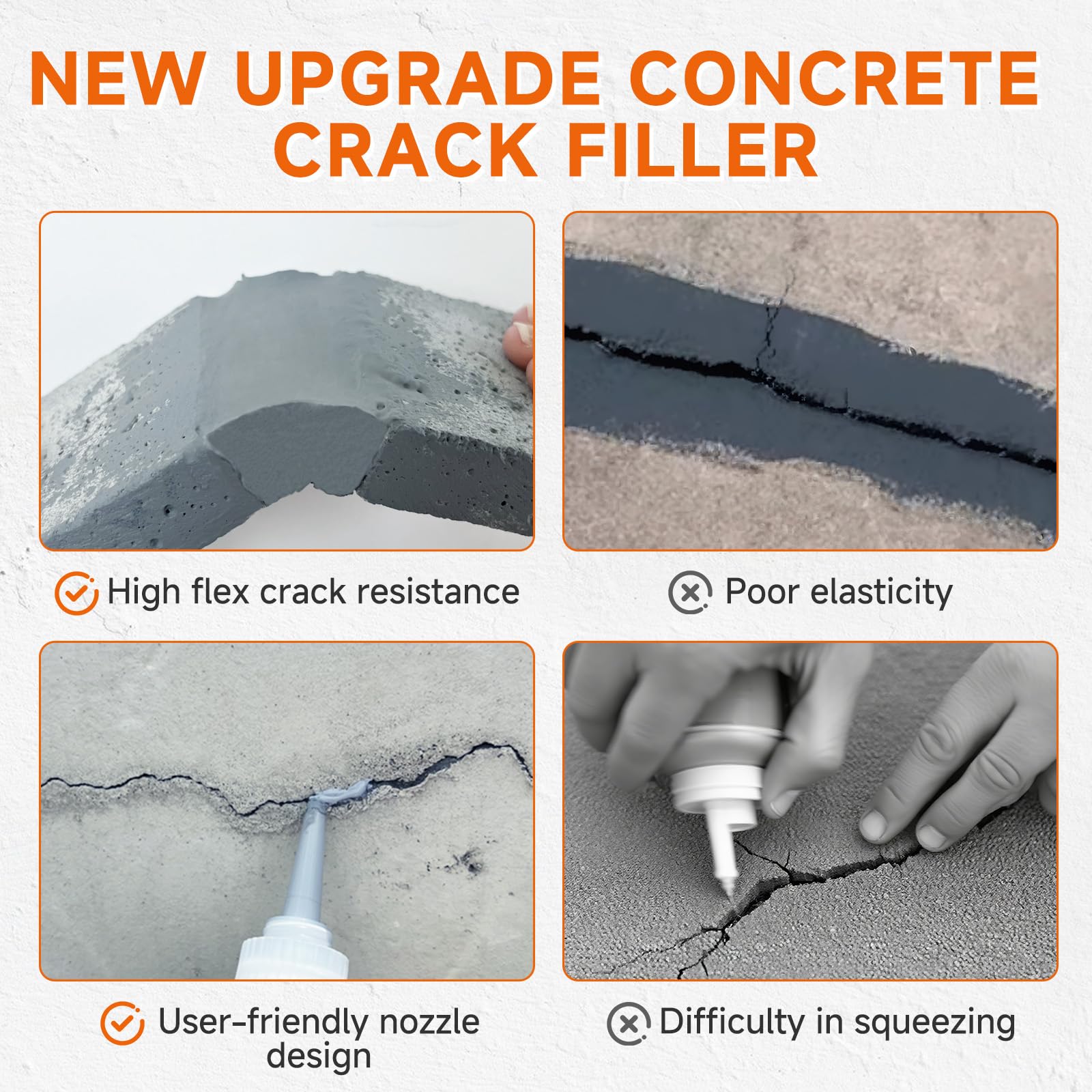 Mollor Concrete Crack Filler, Heavy-Duty Cement Crack Filler, Self Leveling Concrete Sealer for Driveway, Walkway, Patio, Waterproof Outdoor Caulking Glue, Grey, 8.8 Floz