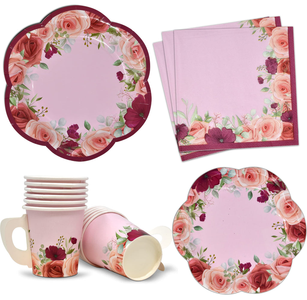 Floral Tea Teacup Party Supplies Set 24 7" Flower Shaped Paper Plates 24 5" Scalloped Saucer Plate 24 7 Oz Tea Cup with Handle 48 Lunch Napkin for Disposable Spring Bridal Baby Shower Wedding Birthday
