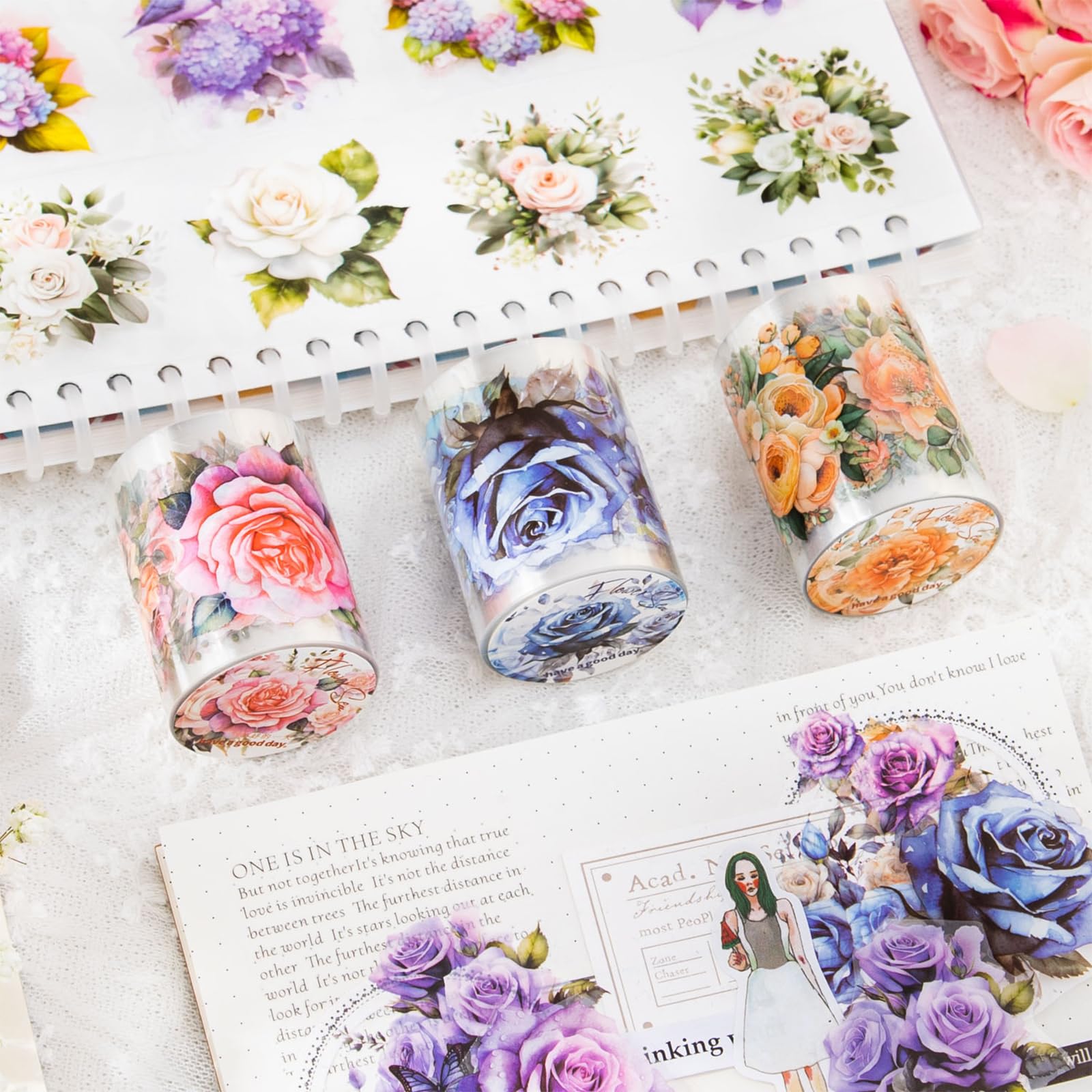 8Rolls Floral Washi Tape Set Flower PET Tapes Stickers for Crafts Journaling,Scrapbooking Supplies, Planner, Bullet Journals,Gift Wraping,Sunflower Rose Hydrangea Butterfly Decorative Masking Tape
