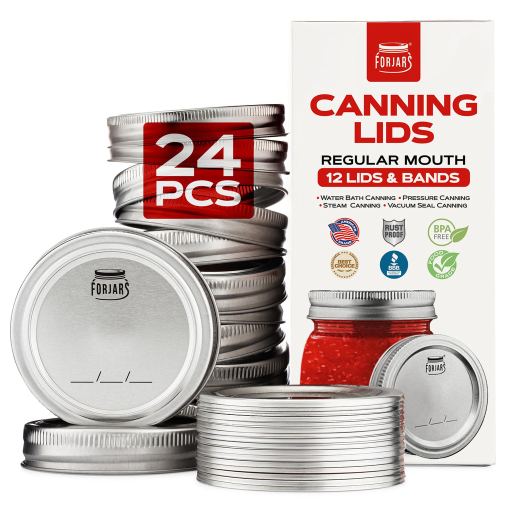 FORJARS Canning Lids and Rings Regular Mouth – 24Pcs/12Sets - Airtight Seals on Mason Jars to Preserve Food for Meal Prep - 2.7 In. Stainless Steel and Bands with Silicone Seals – Canning Supplies