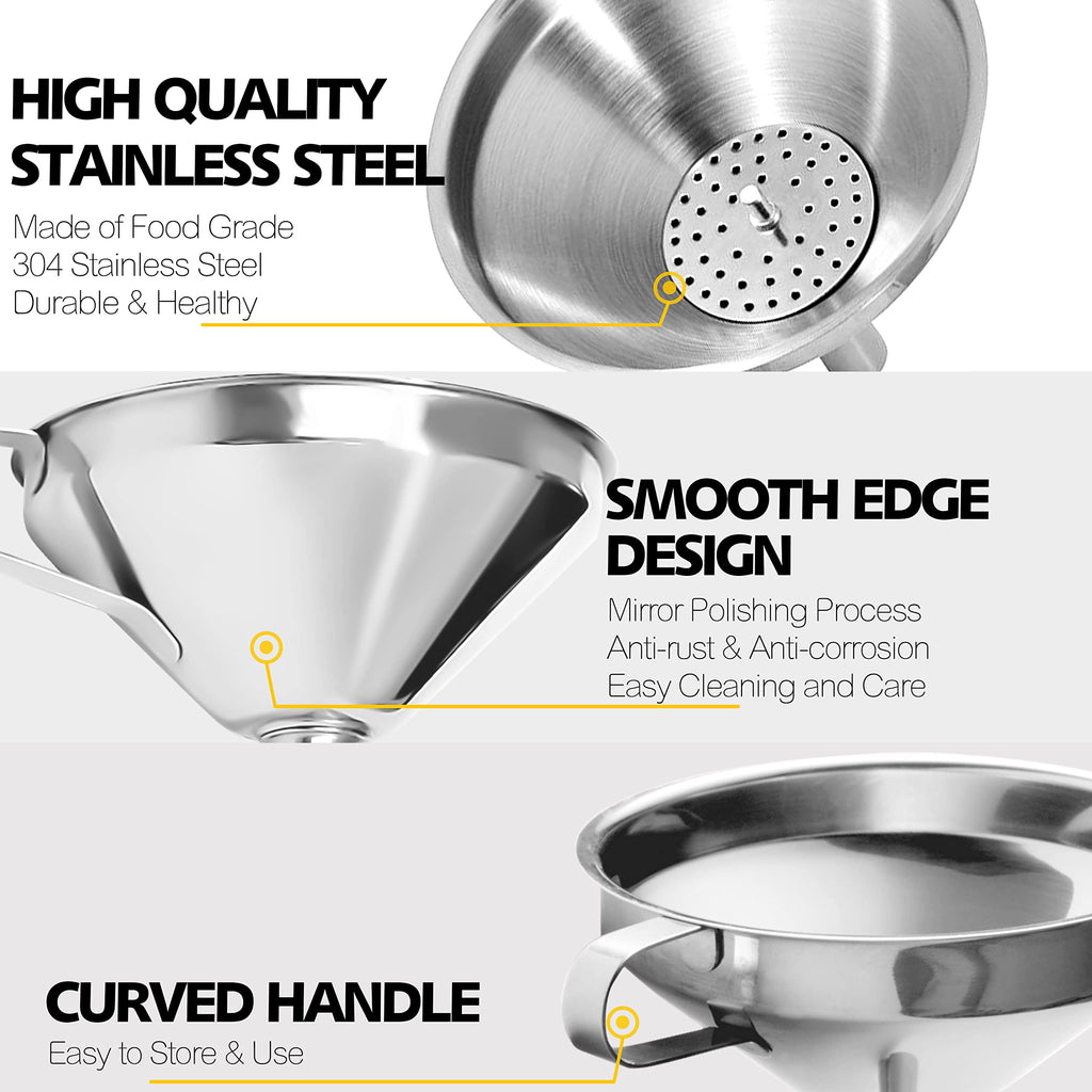 Anaeat 3 Pack Stainless Steel Kitchen Funnel Set, Multi-Use Premium Metal Food-Grade Cooking Funnels with 2 Removable Strainer Filter for Liquid or Dry Ingredients, Oils, Spices & Cleaning Brush