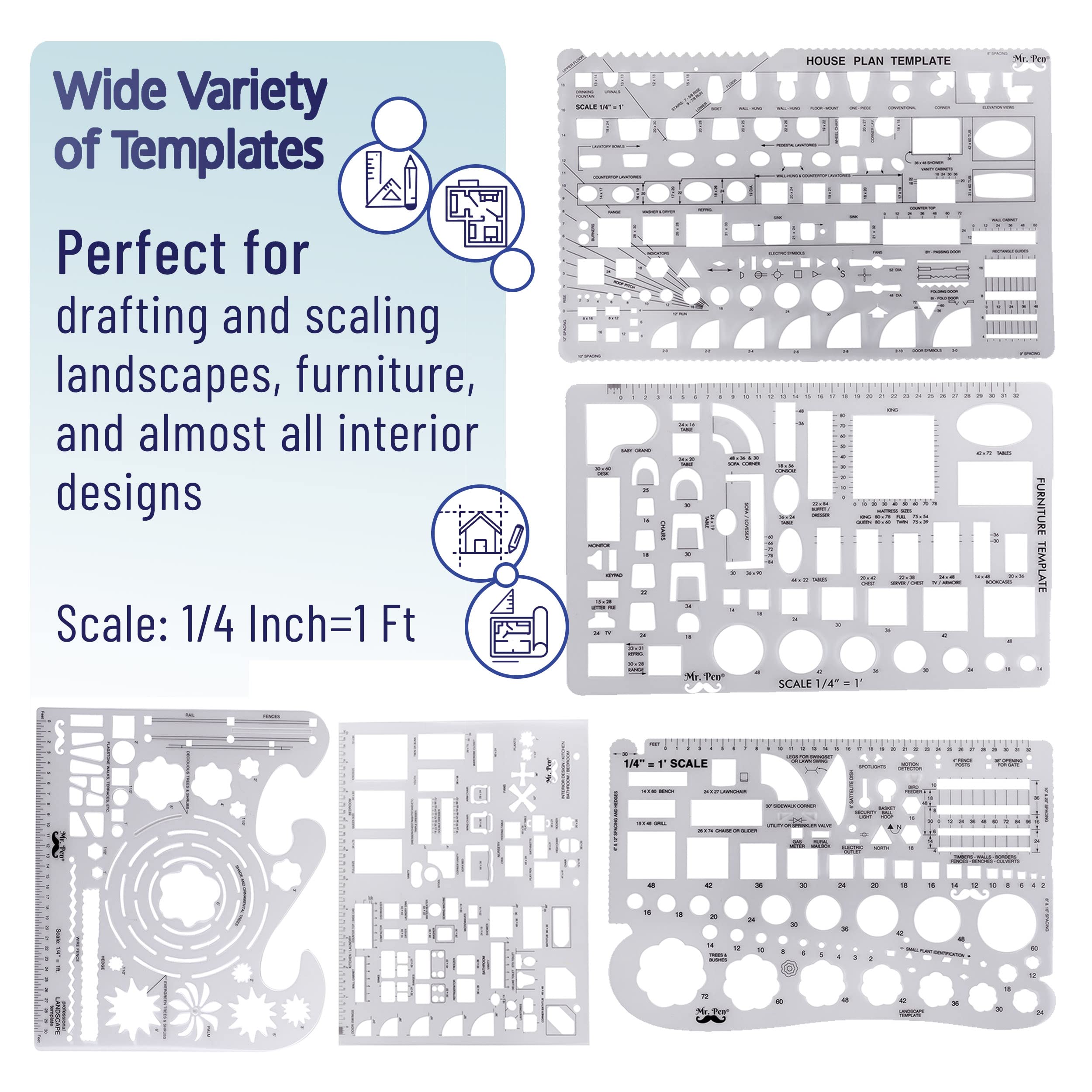 Mr. Pen- Professional Drafting Tools & Geometry Set with Case, 17 pcs, Mechanical Pencil, Fineliners, Scale Metal Ruler, Drawing Templates for Interior Design House Plan, Architect Protractor Set