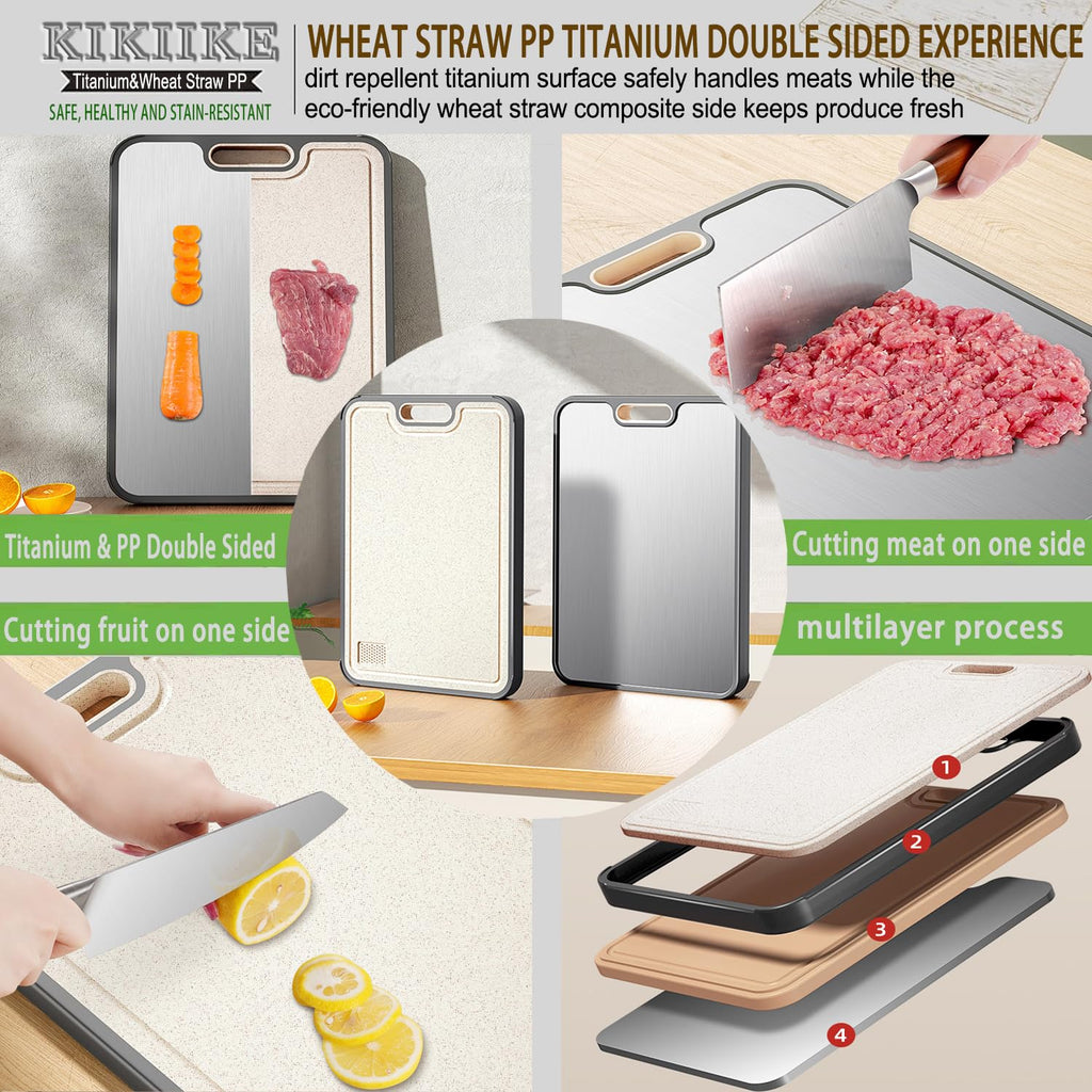 Titanium Cutting Board Double Sided Pure Titaniums Cutting Boards for Kitchen, Pure Titanium & Wheat Straw PP Food Grade Metal Cutting Board, Non-Slip Durable and Easy to Clean (Large)