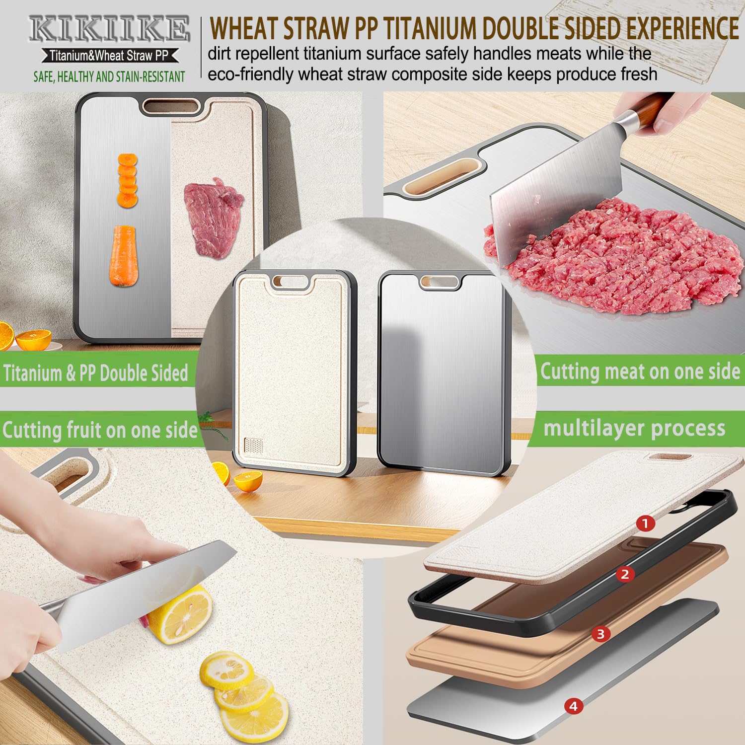 Titanium Cutting Board Double Sided Pure Titaniums Cutting Boards for Kitchen, Pure Titanium & Wheat Straw PP Food Grade Metal Cutting Board, Non-Slip Durable and Easy to Clean (Large)
