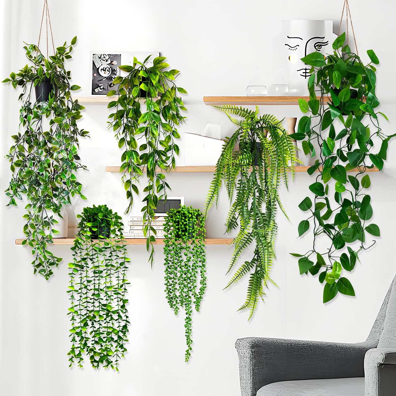 6 Pack Potted Artificial Plants for Decor Indoor, Fake Plant with Vines On Wall Decor, Plante Artificielle Interieur for Home Decor and Office Decor, Fake Hanging Plants Decor Indoor with Pots