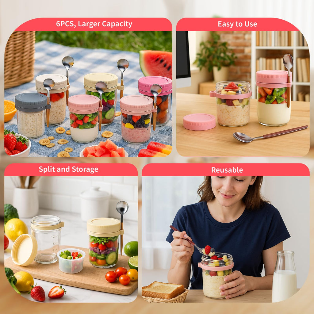 6 Packs Overnight Oats Containers with Lids, 16 Oz Glass Mason Jars with Spoons and Removable Separate Compartments Large Airtight Overnight Oats Jars for Milk Yogurt Fruit