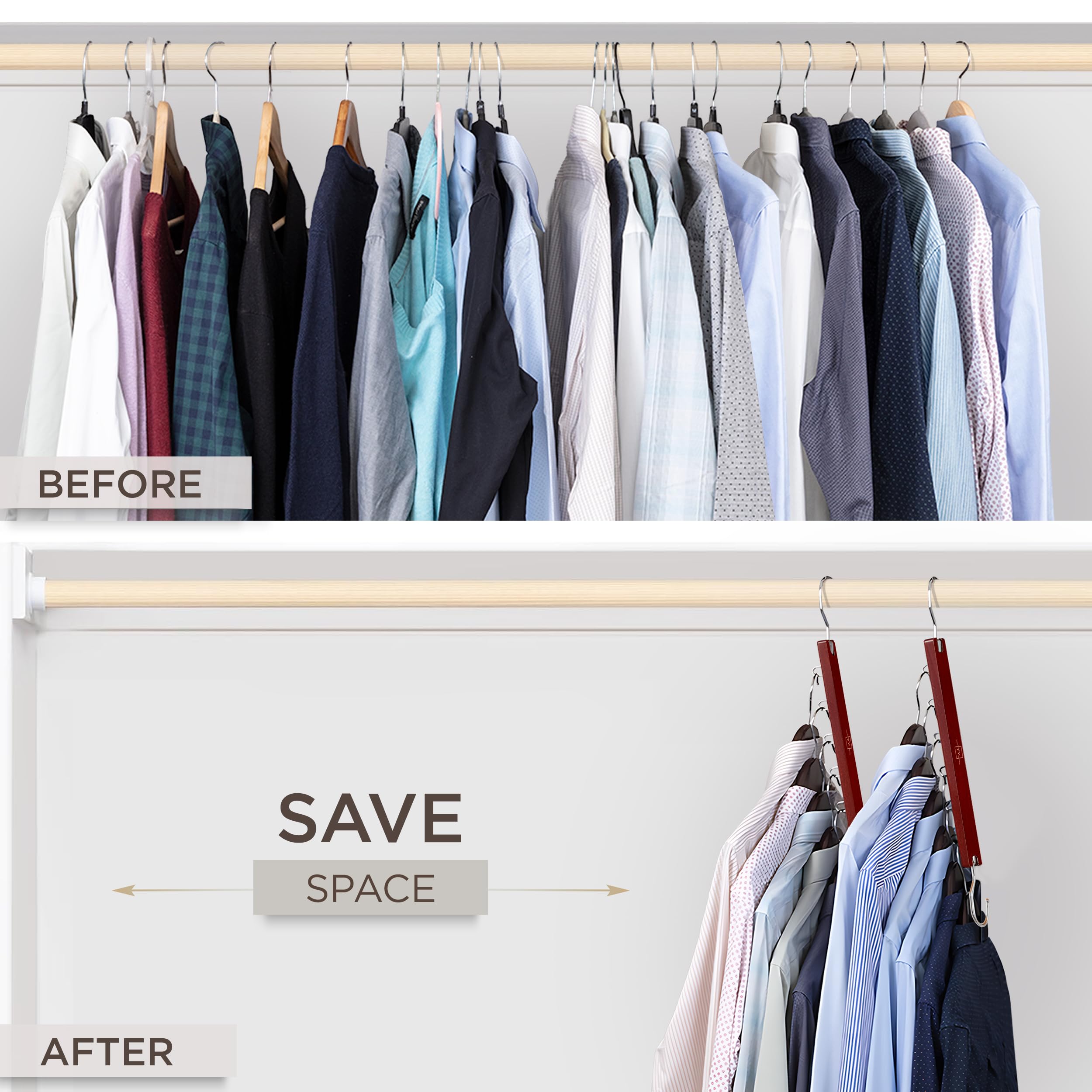MORALVE Space Saving Hangers for Closet – 4 Pack European Beechwood 6-Tier Shirt Organizer with 360° Swivel Hook – Collapsible Clothes Hanger for Closet Organization (Hangers Not Included)