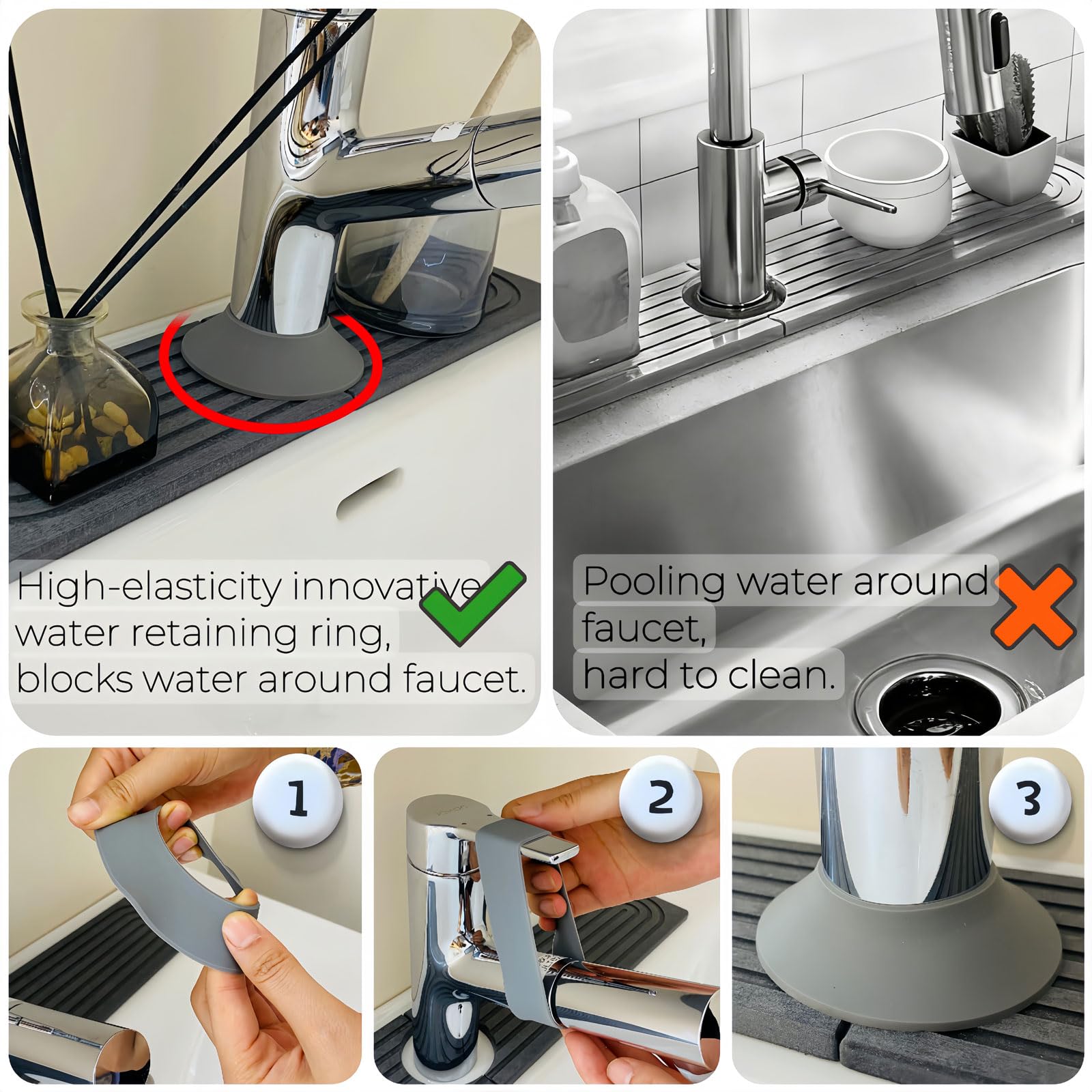 WUZEI Faucet Mat for Kitchen Sink, Diatomaceous Earth Stone Splash Guard Tray, Fast Drying Stone Sink Mat, Prevents Water Splash for Kitchen Bathroom Countertop (Dark Grey, 16x4 inch (40x10 cm))
