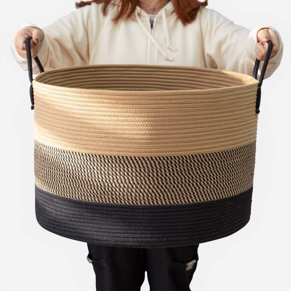 Goodpick XXXLarge Cotton Rope Basket, 21" x 14", Woven Blanket Storage Basket for Living Room Laundry Basket for Pillows Toys Clothes Hamper Wicker Basket with Handles, Black Jute Stripes