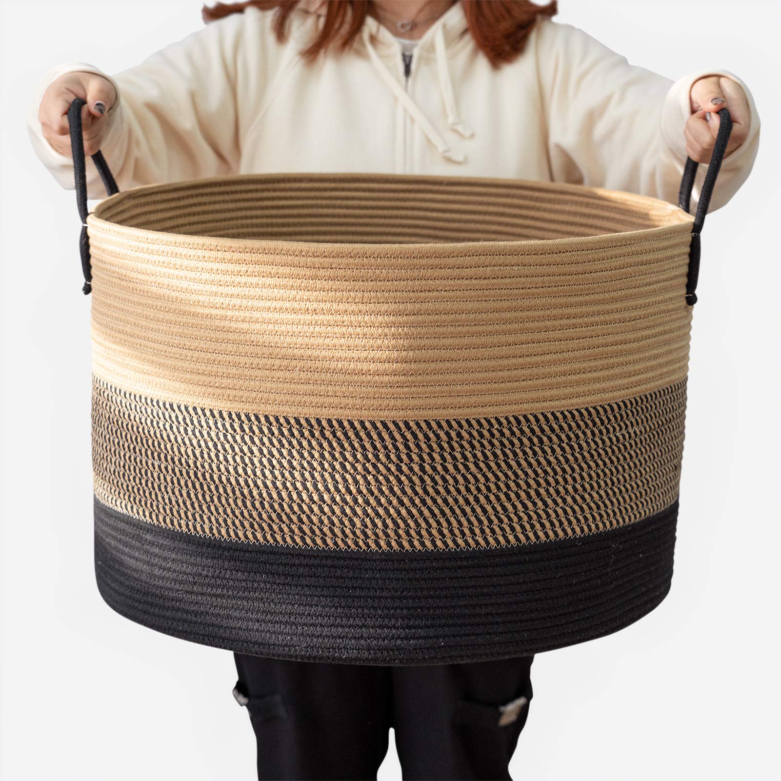 Goodpick XXXLarge Cotton Rope Basket, 21" x 14", Woven Blanket Storage Basket for Living Room Laundry Basket for Pillows Toys Clothes Hamper Wicker Basket with Handles, Black Jute Stripes