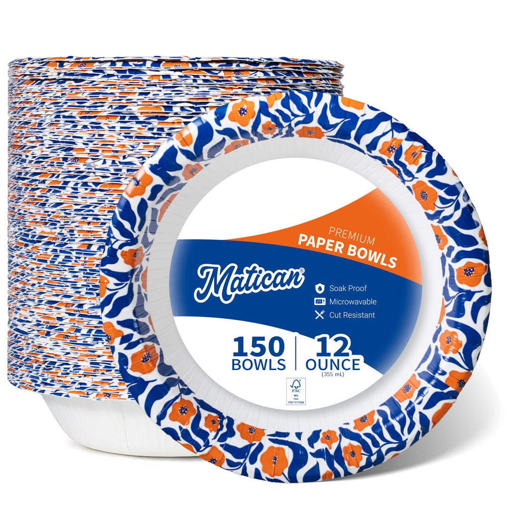 Paper Bowls, 355 ml, 150-Count, Microwave-Safe, Soak-Proof, Disposable Bowls with Matisse-Style Floral Design, Great for Soup, Salad, Snacks, and Meals