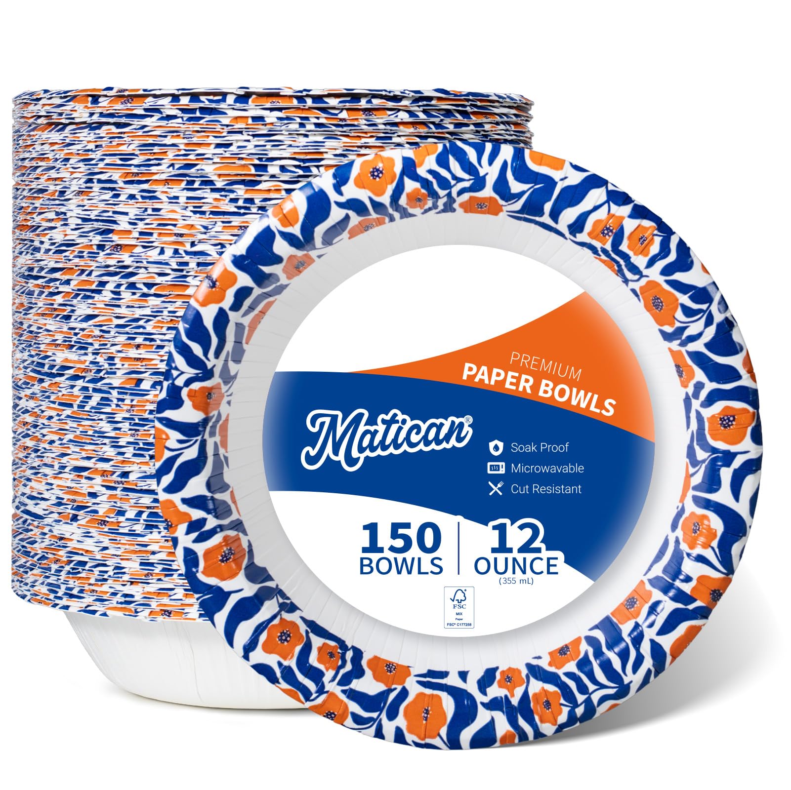 Paper Bowls, 355 ml, 150-Count, Microwave-Safe, Soak-Proof, Disposable Bowls with Matisse-Style Floral Design, Great for Soup, Salad, Snacks, and Meals