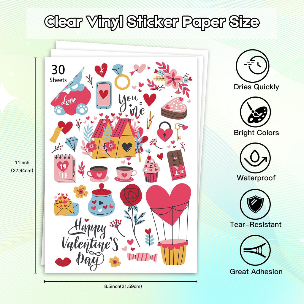 Ruibytree Printable Clear Vinyl Sticker Paper for Inkjet Printers, 30 Sheets Transparent Paper of 8.5x11 DIY Personalized Self-Adhesive Paper that is Tear Resistant, Waterproof Labels, Easy to Cut
