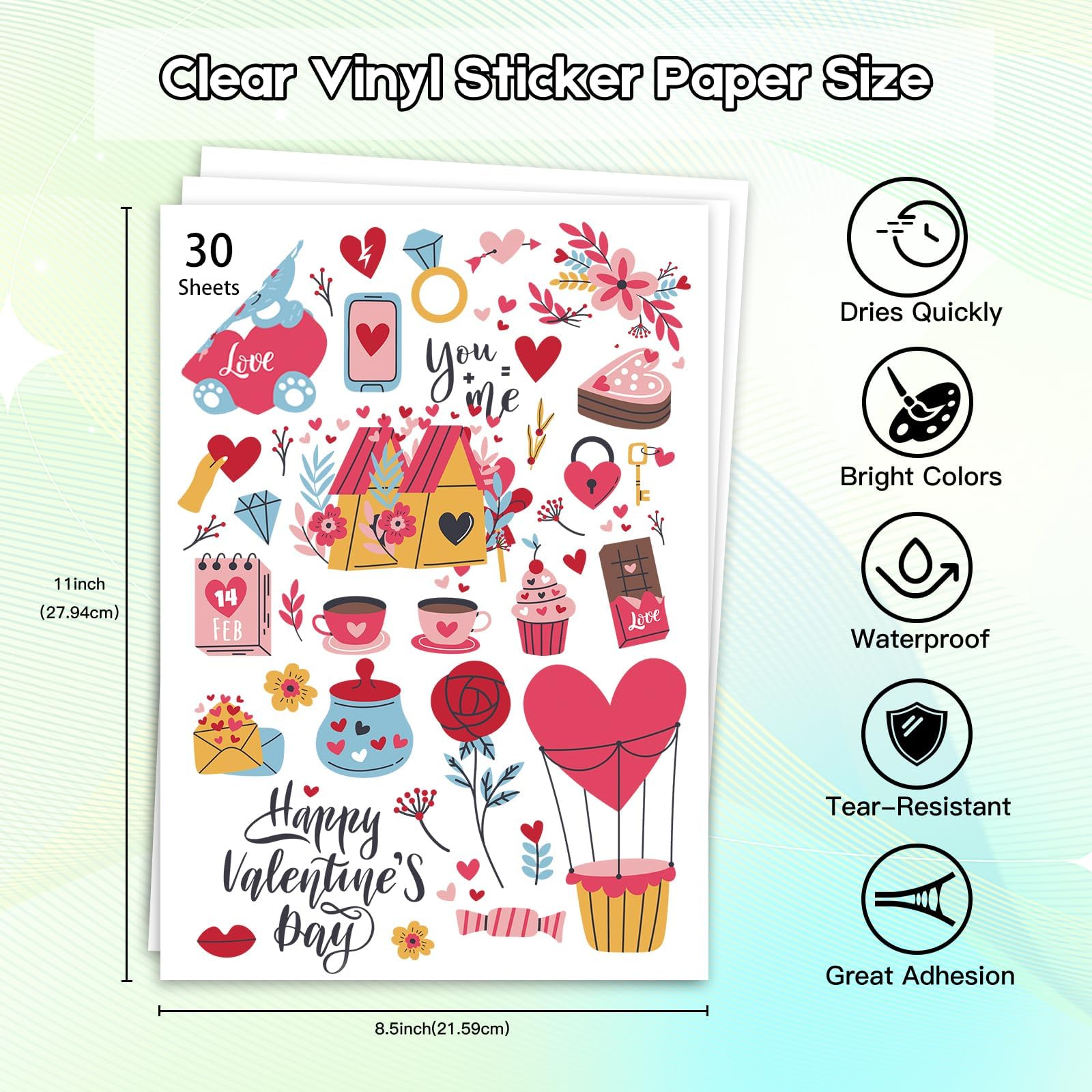 Ruibytree Printable Clear Vinyl Sticker Paper for Inkjet Printers, 30 Sheets Transparent Paper of 8.5x11 DIY Personalized Self-Adhesive Paper that is Tear Resistant, Waterproof Labels, Easy to Cut