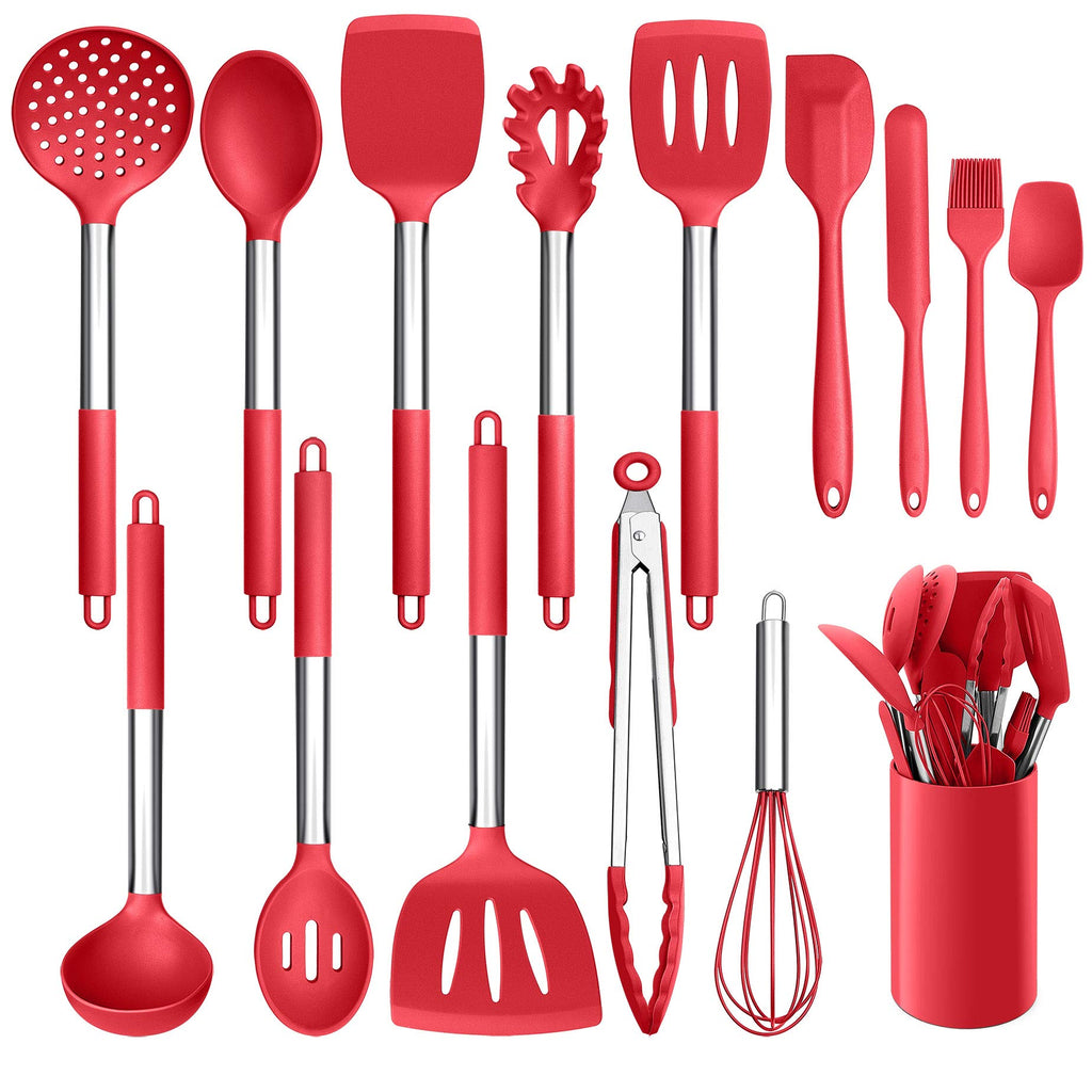 LIANYU 15-Piece Cooking Kitchen Utensils Set with Holder, Silicone Kitchen Tools Stainless Steel Handle, Slotted Spatula Spoon Turner Tong Whisk Brush for Cooking, Red