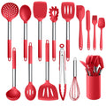 LIANYU 15-Piece Cooking Kitchen Utensils Set with Holder, Silicone Kitchen Tools Stainless Steel Handle, Slotted Spatula Spoon Turner Tong Whisk Brush for Cooking, Red