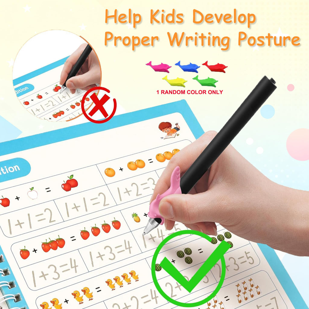 Magic Grooved Writing Practice Books for Reusable Handwriting Workbook with Disappearing Ink Pen & Stickers Practicing Letters, Numbers, Drawing and Math 4 Book Set with Refills