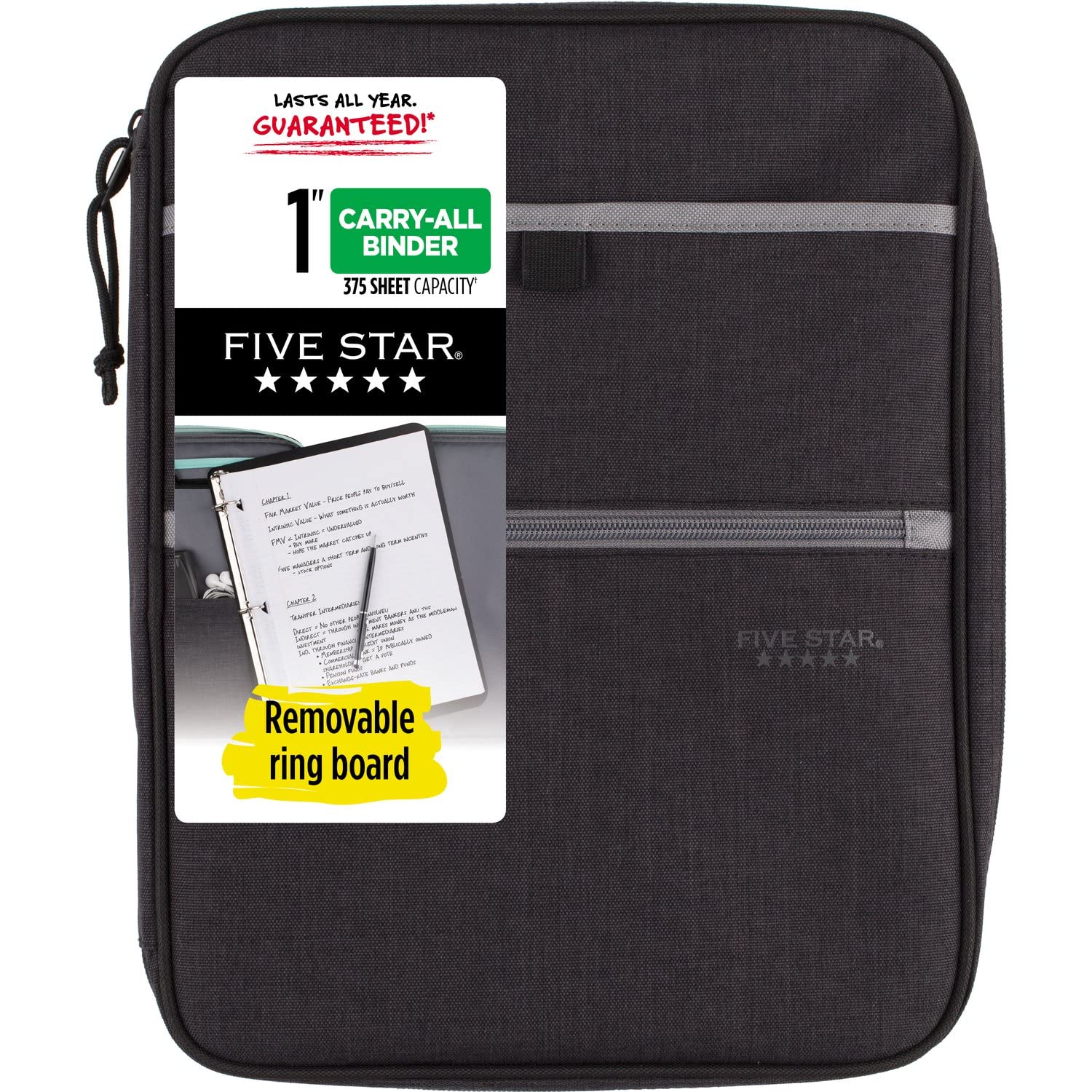 Five Star Zipper Binder, 1 Inch 3-Ring Binder with Round Rings, Carry-All with Pockets and 4-Tab Dividers, 375 Sheet Capacity, Black/Gray (29092IT8)