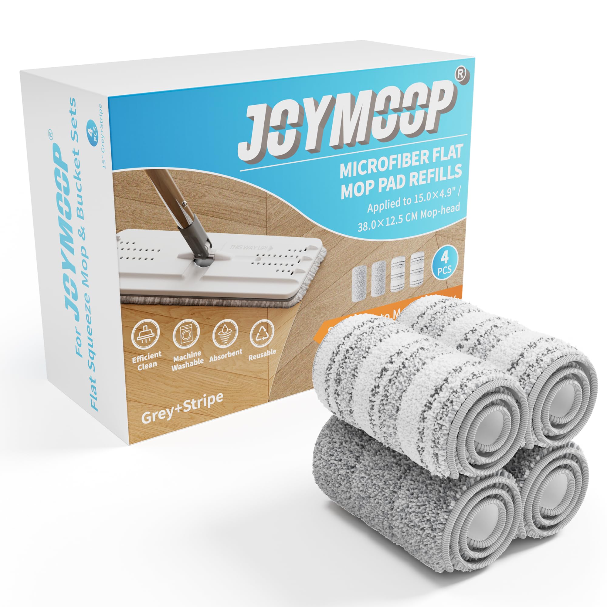 JOYMOOP Flat Mop Pads, Microfiber Mop Cleaning Pads, Washable Pads, Pads Replacement for Flat Mop or Mop Bucket Set, Pack of 4 Refills 15inch - Grey and Stripe