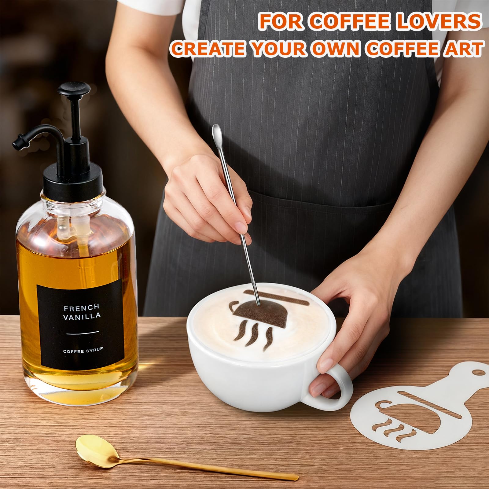 Coffee Syrup Dispenser for Coffee Bar, Glass Syrup Dispenser with Pump, Coffee Syrup Pump Dispenser Bottle, Spoon for Coffee Station, Coffee Bar Organizer, Black,16.9 oz, 500 ml