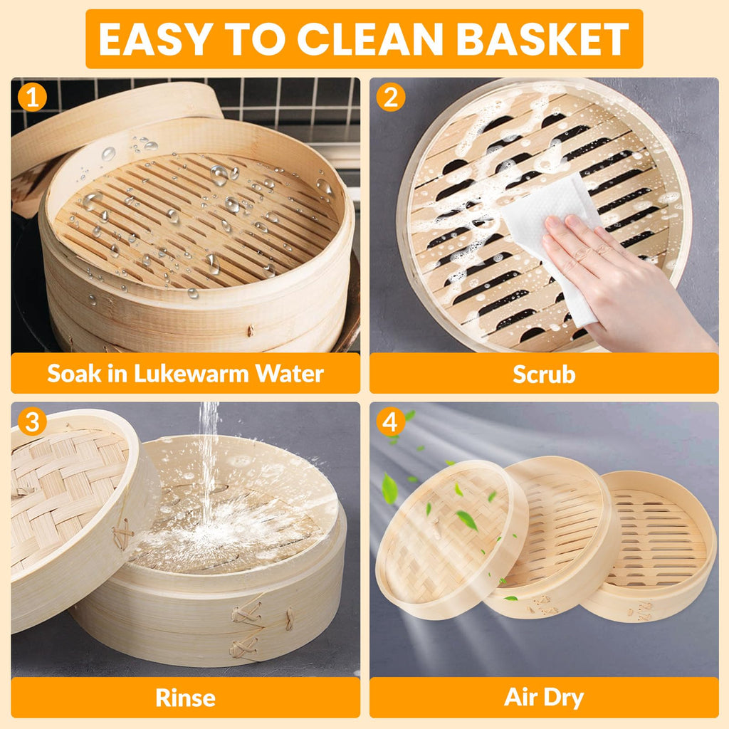 61 PCS 8 Inch 2 Tier Bamboo Steamer, Bamboo Steamer Basket, Dim Sum Basket, with 1Ring Adapter, 2Reusable Silicone Liner, 2 pairs of chopsticks, 2Sauce Dishes, 50Paper Liners, 1Ring