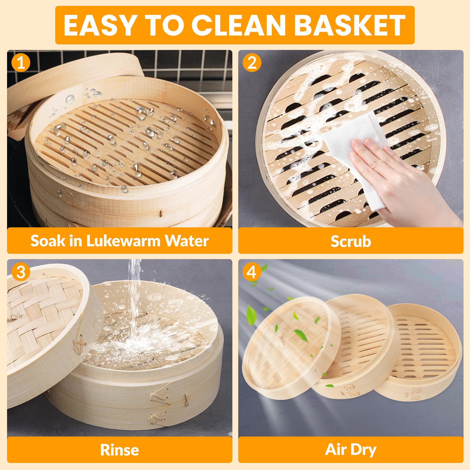 61 PCS 8 Inch 2 Tier Bamboo Steamer, Bamboo Steamer Basket, Dim Sum Basket, with 1Ring Adapter, 2Reusable Silicone Liner, 2 pairs of chopsticks, 2Sauce Dishes, 50Paper Liners, 1Ring