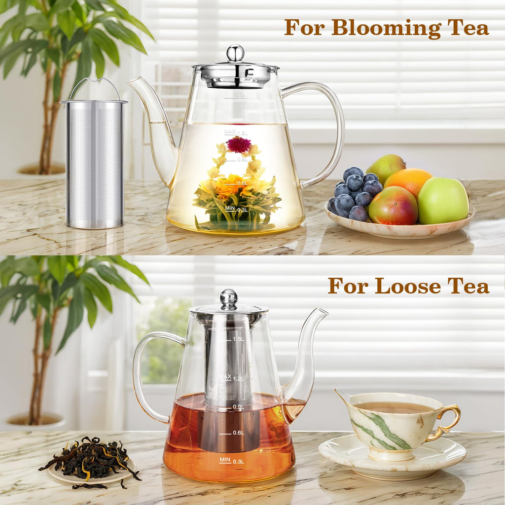 Zpose 1500ml Glass Teapot, Large Capacity Tea Pot with Removable Infuser, Borosilicate Glass, Transparent, Ideal for Loose Leaf Tea and Blooming Tea, Gift Box for Tea Lovers