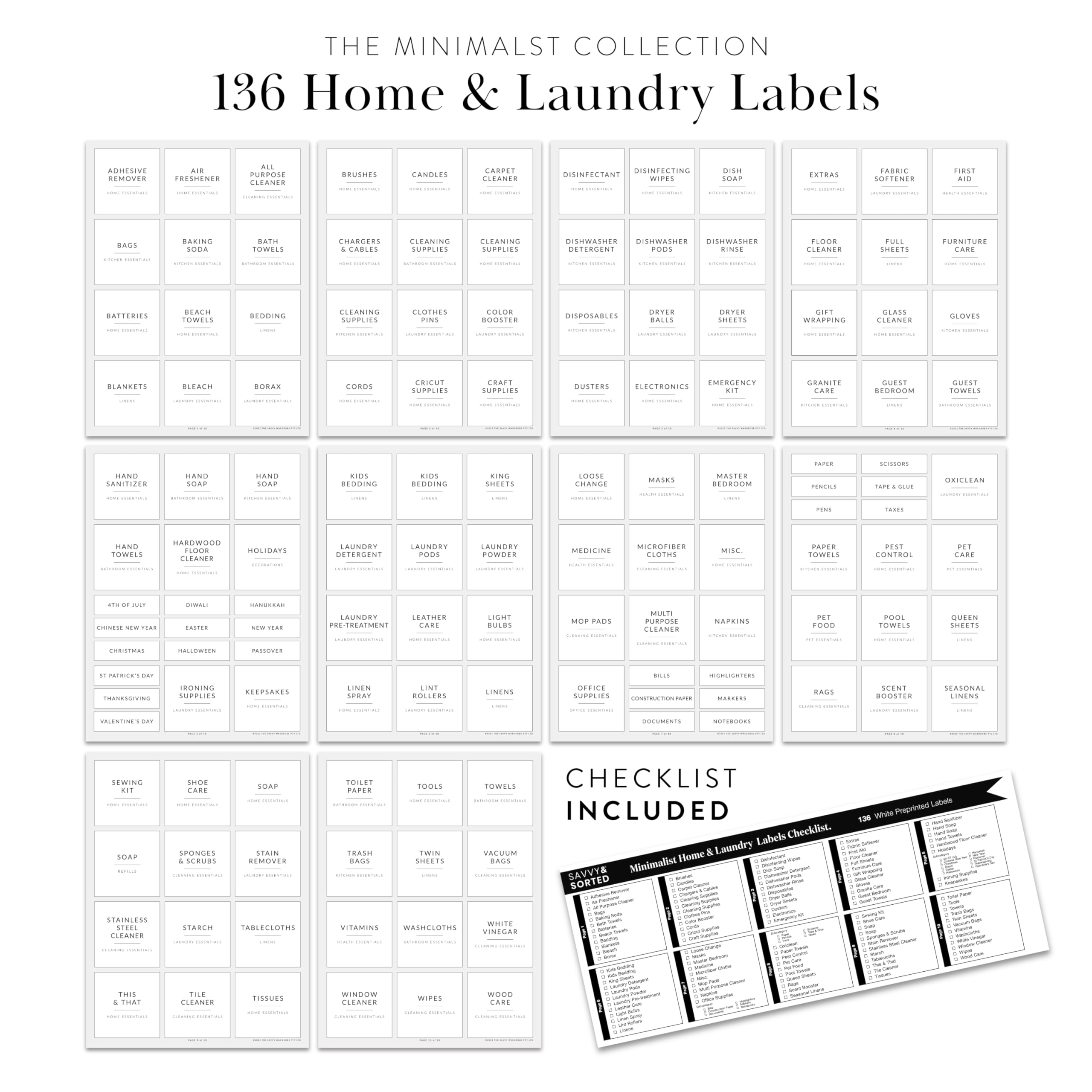 Laundry Labels for Jars, 136 Preprinted Home and Laundry Label Stickers for Storage Bins, Cleaning Jars, Spray Bottles, Linen Closet, Household Organization