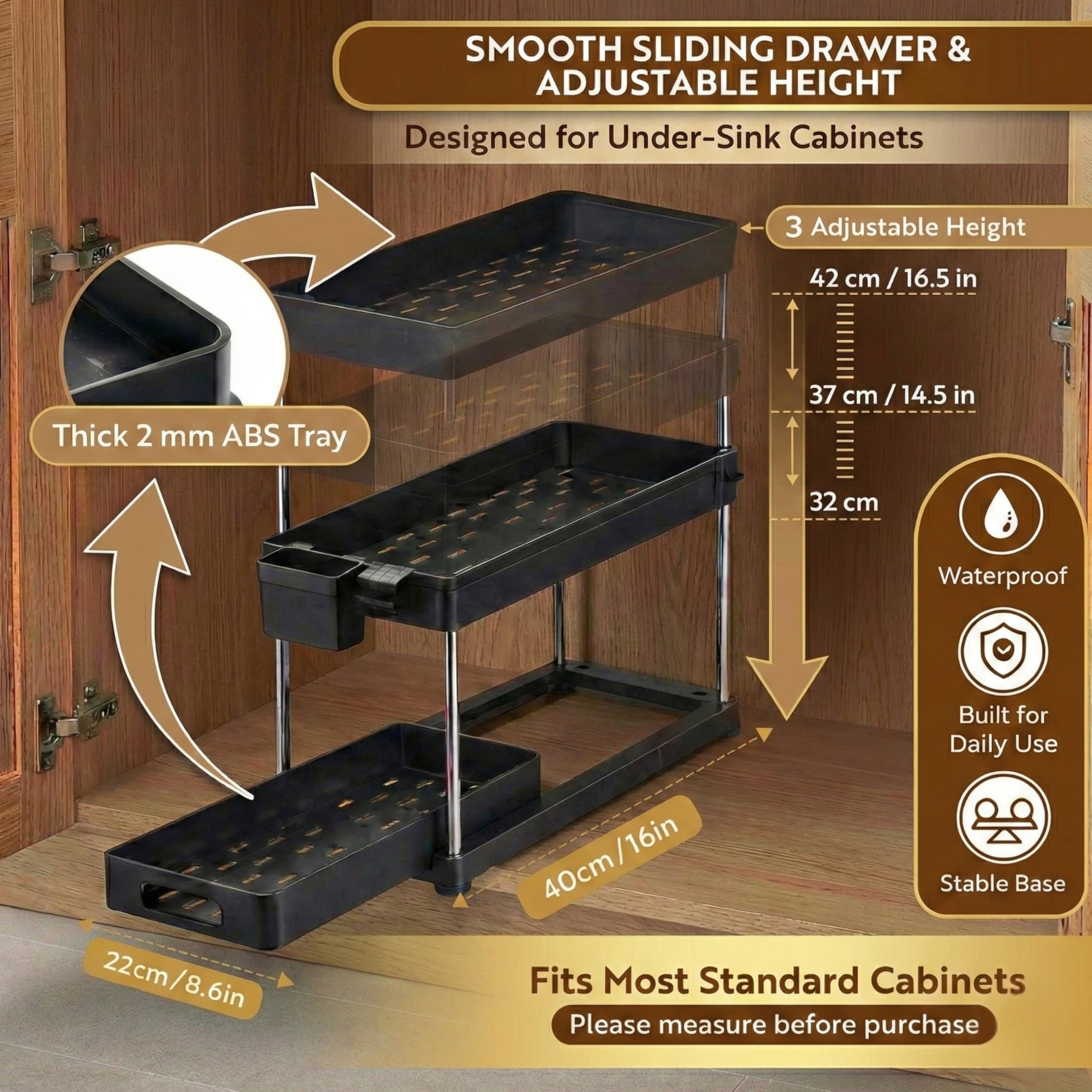 LargeMalls 2-Pack Under Sink Organizer with Sliding Drawers – Adjustable Height, Anti-Tip Design, Fits Around Plumbing – ABS Shelves & Stainless Steel Rods for Kitchen, Bathroom & Laundry Storage