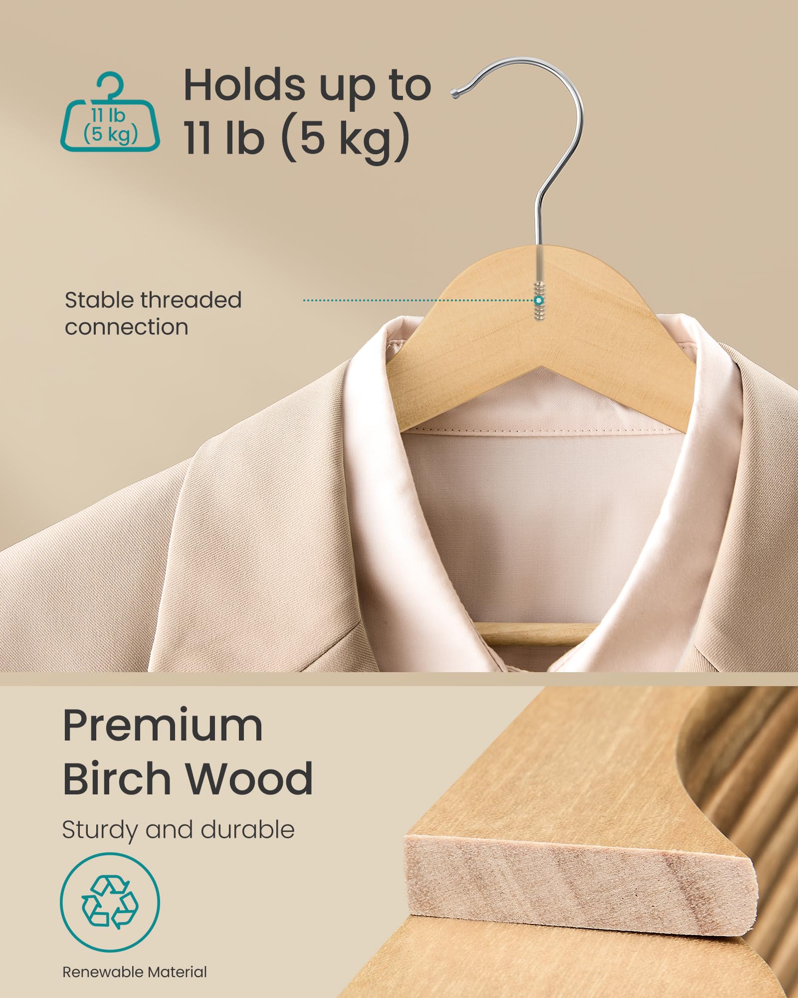 SONGMICS Wooden Hangers, Coat Hangers, Pants Bar, 360° Swivel Hooks, Solid Birch Wood, Space-Saving, for Jackets, Shirts, Coats, Pack of 30, Natural Beige UCRW030K01
