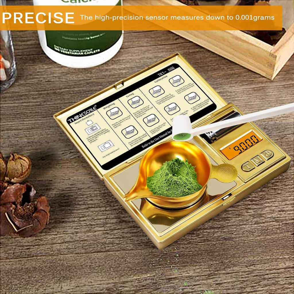 THINKSCALE High Precision Milligram Scale, 50g/0.001g Digital Pocket Scale, Mg Scale for Powder, Jewelry, Medicine, Gem, Reloading, Mini Gold Gram Scale 6 Units, Tare, Cal Weight, Tweezer and Tray