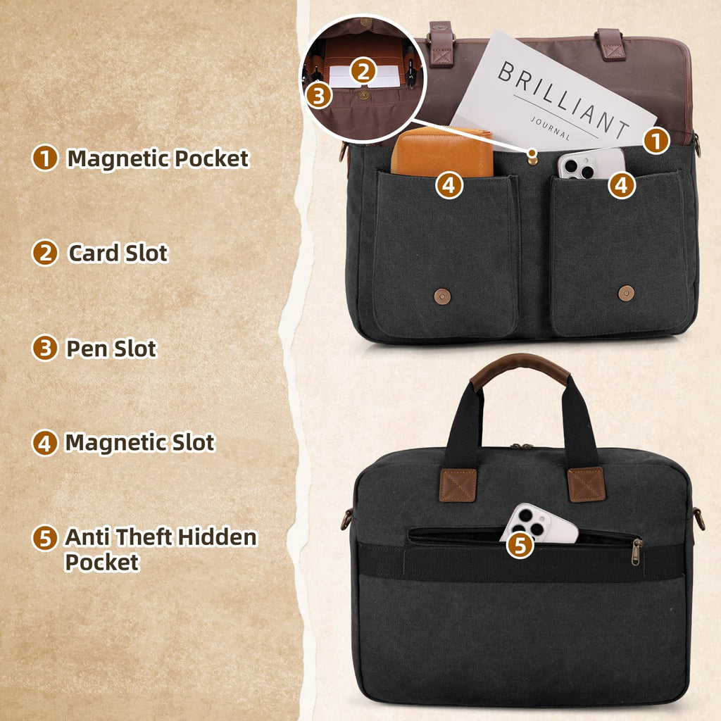 Lubardy Messenger Bag for Men, 15.6 Inch Laptop Bag Computer Office Laptop Bag for Men, Waterproof Work Bags Canvas Messenger Laptop Briefcase Satchel for Business College Travel, Black