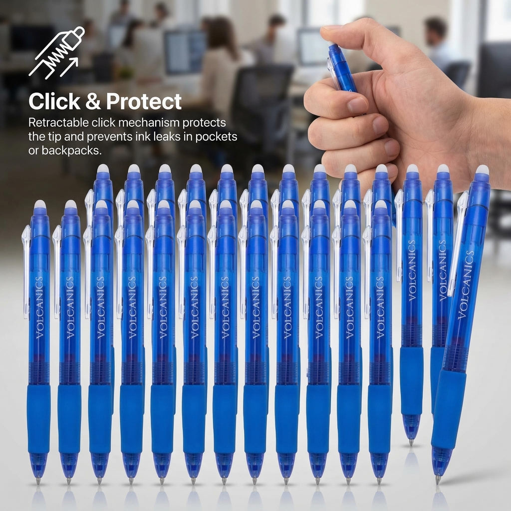 Volcanics Retractable Clicker Erasable Gel Pens - 0.7mm Ball Point, Heat Erase with Built-in Eraser, 36 Pack Blue